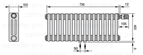 Схема (чертеж) Радиатор Zehnder Charleston 3040/16 №V008 Белый глянцевый RAL 9016